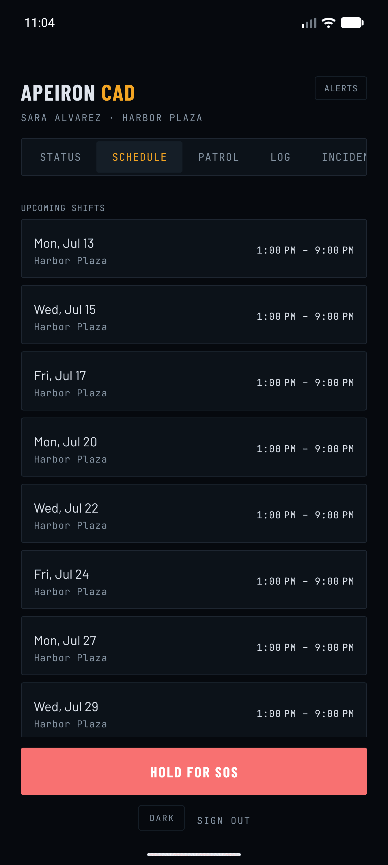 Guard app upcoming shifts schedule